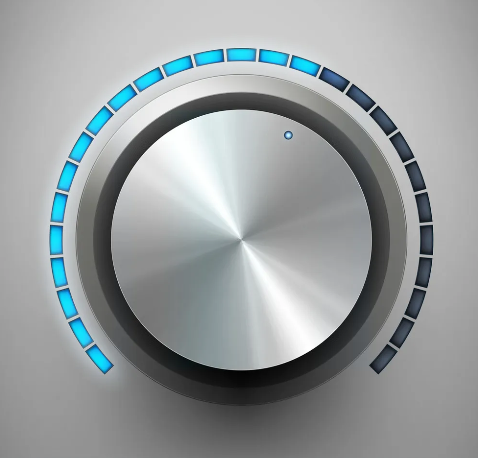 Close-up of a monitor level knob with a blue level ring